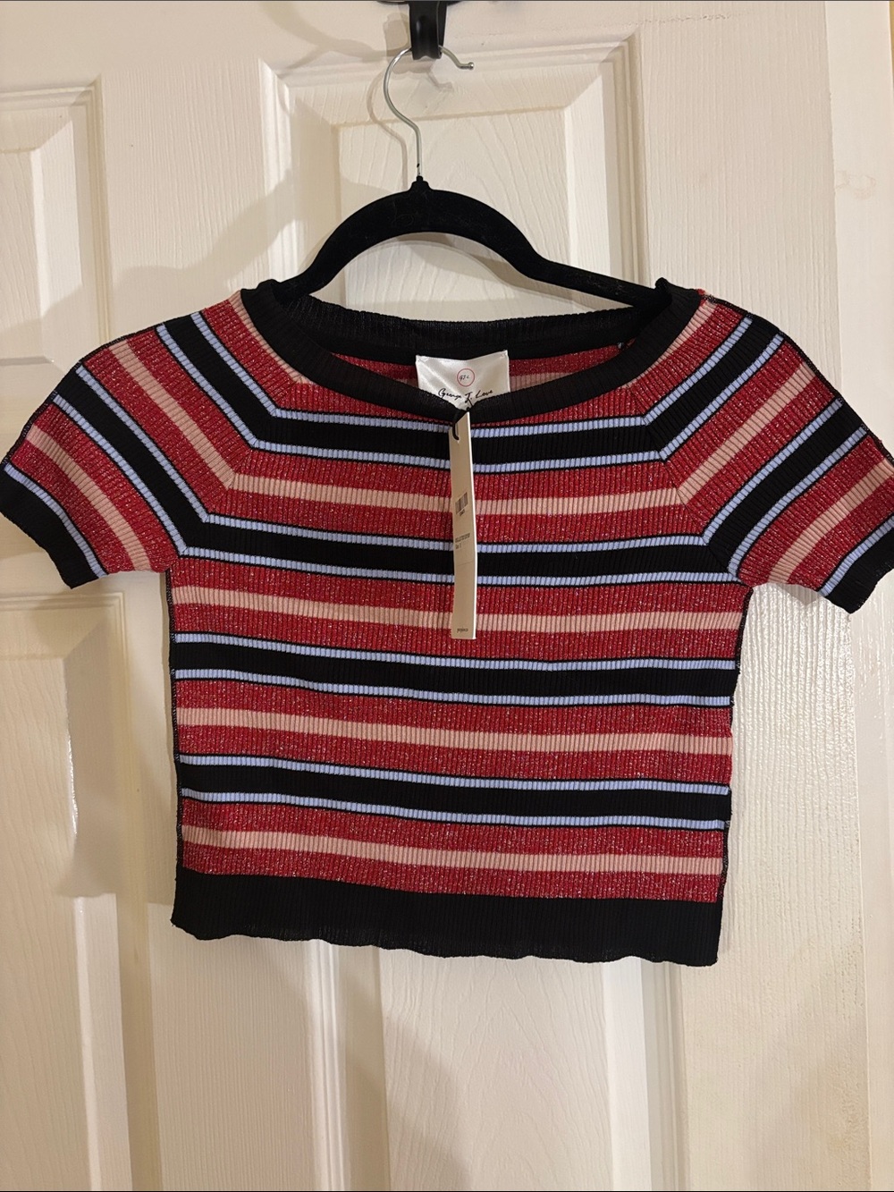 George Short Sleeve Striped Knit Top - Red, Black, Blue